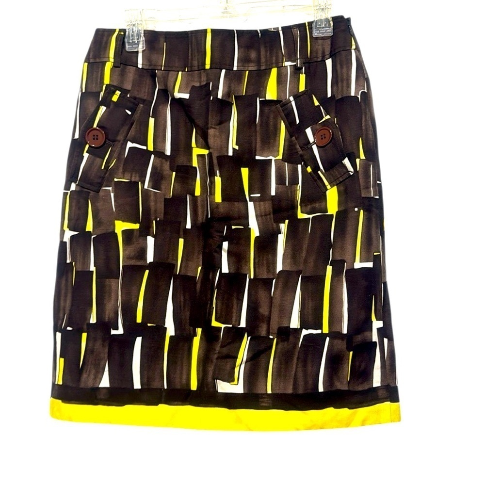 Eccoci brown yellow bold Geometric print Pencil Skirt two fake pockets size 6